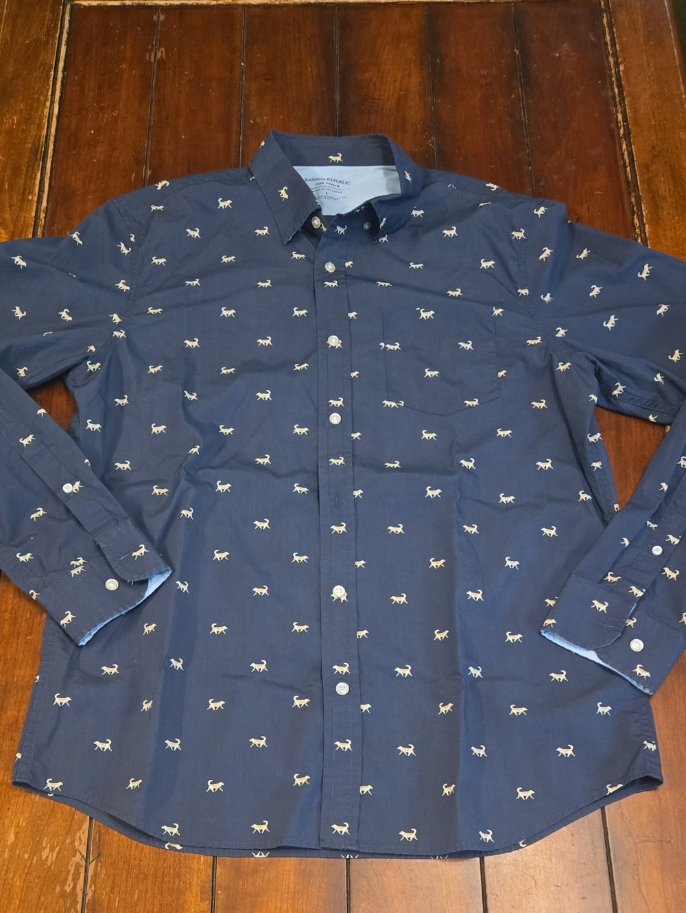 Banana Republic Navy Button-Down Shirt with Cream Dog Motif